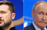 Combinaison de photos faite le 12 mai 2025 du président ukrainien Volodymyr Zelensky (à gauche, le 11 juin 2024 à Berlin) et de son homlogue russe Vladimir Poutine (le 18 mars 2025 à Moscou)