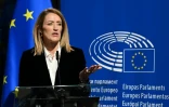 La présidente du Parlement européen, Roberta Metsola, le 10 avril 2024 à Bruxelles