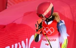 L'Américaine Mikaela Shiffrin à l'issue de la première manche du slalom géant des JO-2022 de Pékin, à Yanqing, le 7 février 2022