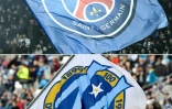 Combinaison de photos des drapeaux de l'Olympique de Marseille et du Paris Saint-Germain brandis en tribune avant le "classique" qui opposera les deux équipes le 22 septembre 2025 après un report d'une journée en raison des risques météorologiques