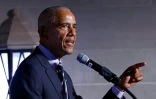 L'ex-président américain Barack Obama lors d'une cérémonie à l'académie militaire de West Point, dans l'Etat de New York, le 19 septembre 2024