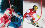 Montage photo des Autrichiens Hubert Strolz (g), le 17 février 1988 aux Jeux olympiques de Calgary, et de son fils, Johannes Ewald, lors du combiné, le 10 février 2022 aux Jeux de Pékin, tous les deux champions olympiques du combiné