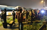 Des migrants s'apprêtent à monter dans des autocars lors de l'évacuation de la "Jungle" le 24 octobre 2016 à Calais
