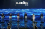 (g-d) Les candidats à la présidentielle, Luiz Felipe d'Avila, Luiz Inacio Lula da Silva, Simone Tebet et Jair Bolsonaro, lors d'un débat télévisé, le 28 août 2022 à Sao Paulo