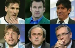 Haut en bas, gauche à droite: portraits d'archives du footballeur argentin Lionel Messi, du golfeur anglais Nick Faldo, de l'ex-footballeur chilien Ivan Zamorano, du footballeur argentin G. Heinze, de Michel Platini et Jérôme Valcke