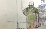 Ce croquis d'audience montre Jean-Marc Reiser lors de son procès pour l'assassinat de Sophie le Tan devant la cour d'assises du Bas-Rhin, le 28 juin 2022 à Strasbourg