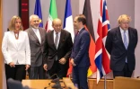 La cheffe de la diplomatie européenne Federica Mogherini avec, de gauche à droite, les ministres des Affaires étrangères iranien, Mohammad Javad Zarif, français Jean-Yves Le Drian, allemand Heiko Maas et britannique Boris Johnson, le 15 mai 2018 à Bruxelles