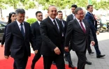 Le ministre turc des Affaires étrangères Mevlut Cavusoglu (c) à SOlingen, en Allemagne, le 29 mai 2018