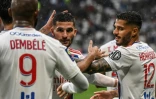 La joie du milieu de terrain lyonnais Houssem Aouar, auteur d'un doublé face à Montpellier, lors de la 34e journée de Ligue 1, le 23 avril 2022 au Groupama Stadium à Décines-Charpieu