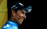 Nairo Quintana radieux sur le podium du Tour de France après sa victoire dans la 17e étape, le 25 juillet 2018 à Saint-Lary-Soulan
