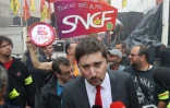 Laurent Brun (c), représentant de la CGT-Cheminots, lors d'une manifestation à Paris contre la réforme ferroviaire en mai 2018