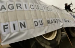 Une affiche hissée sur un tracteur évoque les "Agriculteurs à l'agonie et la fin de la gastronomie française", le 2 février 2016 en face de la préfecture à Chartres