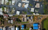 Les dégâts provoqués par l'ouragan Maria à Porto Rico. Un quartier sous les eaux le 22 septembre 2017 et (en-dessous)le même endroit six mois plus tard 