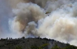 L’hélicoptère H125 de lutte contre l’incendie du SDIS11 (Service départemental d’incendie et de secours) largue de l’eau sur un feu de forêt près du col des Auzines, à proximité de Trévillach, dans le sud de la France, le 5 juillet 2026