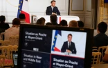 Le président Emmanuel Macron s'exprime à l'Elysée le 13 avril 2025 à Paris 