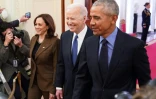 De g. à d.: Kamala Harris, Joe Biden et Barack Obama, à la Maison Blanche, à Washington, le 15 avril 2022