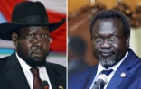 Un montage photo montre le président du Soudan du Sud, Salva Kiir (g), le 2 juin 2014 à Djouba, et son ex-vice-président Riek Machar, le 9 mai 2014 à Addis Abeba