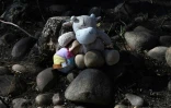 Une peluche déposée sur le sol d'un terrain millitaire où des enfants harkis ont été enterrés indignement, le 28 février 2022 à Laudun-l'Ardoise, dans le Gard