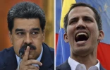 Photomontage créé le 5 février 2019 montrant le chef de l'Etat Nicolas Maduro durant une conférence de presse à Caracas le 9 janvier 2019 et le président autoproclamé Juan Guaido lors d'une manifestation de l'opposition à Caracas le 23 janvier 2019