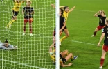 La joie de la défenseure suédoise Linda Sembrant, après avoir ouvert le score dans le temps additionnel face à la Belgique, lors de leur quart de finale de l'Euro,  le 22 juillet 2022 à Leigh (Angleterre)