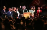Jean-Luc Mélenchon de la France insoumise, membre du Nouveau Front populaire, durant son discours au soir du premier tour des législatives, le 30 juin 2024 à Paris