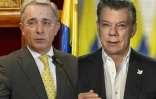 Montage réalisé le 8 août 2017 de photographies de l'ex-président colombien Alvaro Uribe et de l'actuel chef de l'Etat Juan Manuel Santos