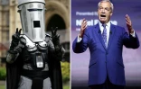 Count Binface, posant à Londres le 25 avril 2024 et Nigel Farage lors d'un discours à Londres le 17 juillet 2026