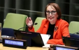 L'économiste costaricienne Rebeca Grynspan lors d'une audition au siège de l'ONU pour le poste de secrétaire général, le 22 avril 2026 à New York