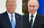 Montage photos du 12 février 2025 montrant le président américain Donald Trump (g) et le président russe Vladimir Poutine