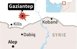 Carte de localisation de l'attaque à Gaziantep en Turquie près de la frontière avec la Syrie 