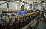 Un employé vérifie les bouteilles de rhum Havana Club sur une chaîne de production, le 15 mars 2018 dans la distillerie de l'entreprise à San José de Las Lajas, à Cuba