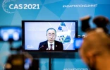 L'ancien secrétaire général de l'ONU Ban Ki-moon donne une conférence de presse par visioconférence avant le sommet sur l'adaptation au climat, le 20 janvier 2021 à La Haye