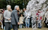 L'empereur du Japon Akihito (D) et l'impératrice Michiko (G) dans un jardin de Kyoto le 27 mars 2019