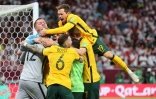 La joie des Australiens, qualifiés pour le Mondial-2022 au Qatar, aux dépens du Pérou, battu aux tirs aux buts (0-0, 5-4 t.a.b.) à l'issue du barrage, le 13 juin 2022 à Ar-Rayyan