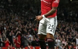 L'attaquant anglais de Manchester United Jadon Sancho après avoir inscrit le premier but contre Liverpool, le 22 août 2022 lors d'un match de la 3e journée de Premier League. 