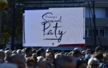 Cérémonie en mémoire de Samuel Paty le 16 octobre 2021 au collège où il enseignait à Conflans-Saint-Honorine, près de Paris