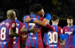 La joie de l'attaquant gabonais de Barcelone, Pierre-Emerick Aubameyang, après son but marqué contre Osasuna, grâce à une passe décisive d'Ousmane Dembélé, lors de la 28e journée de Liga, le 13 mars 2022 au Camp Nou