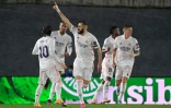 L'attaquant du Real Madrid Karim Benzema (c) après son but égalisateur contre Chelsea, le 27 avril 2020 au stade Alfredo Di Stefano