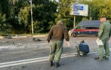 Sur les lieux de l'explosion de la voiture conduite par Daria Dugina, à Bolshie Vyzyomy, à une quarantaine de kilomètres de Moscou, le 20 août 2022