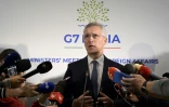 Le secrétaire général de l'Otan Jens Stoltenberg, lors d'une conférence de presse,, dans le cadre d'une réunion des ministres des Affaires étrangères des Etats du G7, le 18 avril 2024 à Capri, en Italie