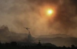 Un avion Canadair largue sa cargaison d'eau sur un incendie de forêt à Gennadi, sur l'île de Rhodes, le 25 juillet 2023 en Grèce