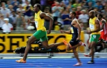 Usan Bolt devant Tyson Gay et Asafa Powell lors du 100 m lors des Mondiaux de Berlin, le 16 août 2009
