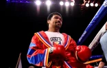 Le boxeur philippin Manny Pacquiao à l'entrée de son dernier combat, contre le Cubain Yordenis Ugas le 21 août 2021