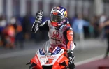 Johann Zarco au guidon de sa Ducati célèbre sa 2e place au GOP de Doha, le 4 avril 2021 à Lusail