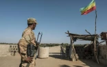 Un combattant amhara monte la garde au passage frontalier avec l'Erythrée, marqué par un drapeau impérial éthiopien à Humera, dans la province dissidente du Tigré, le 22 novembre 2020