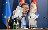 Le président serbe, Aleksandar Vucic, lors d'une conférence de presse, le 24 septembre 2023 à Belgrade