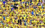 Supporters suédois lors du match fazce à la Suisse en 8e de finale du Mondial, le 3 juillet 2018 à  Saint-Pétersbourg