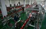 Un employé surveille l'embouteillage de l'alcool baijiu dans une distillerie, le 23 avril 2019 à Luzhou, dans la province chinoise du Sichuan
 