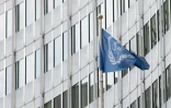 Le drapeau de l'Agence internationale de l'énergie atomique (AIEA) flotte sur son siège à Vienne le 10 juillet 2019