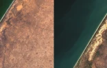 Montage daté du 13 mars 2025 montrant une image satellite distribuée par Landsat  USGS Data 2025, prise le 27 avril 2014 (g) et une image satellite distribuée par Copernicus Sentinal Data 2025 (d), prise le 7 mars 2025, montrant le tracé de la mine du groupe minier français Eramet